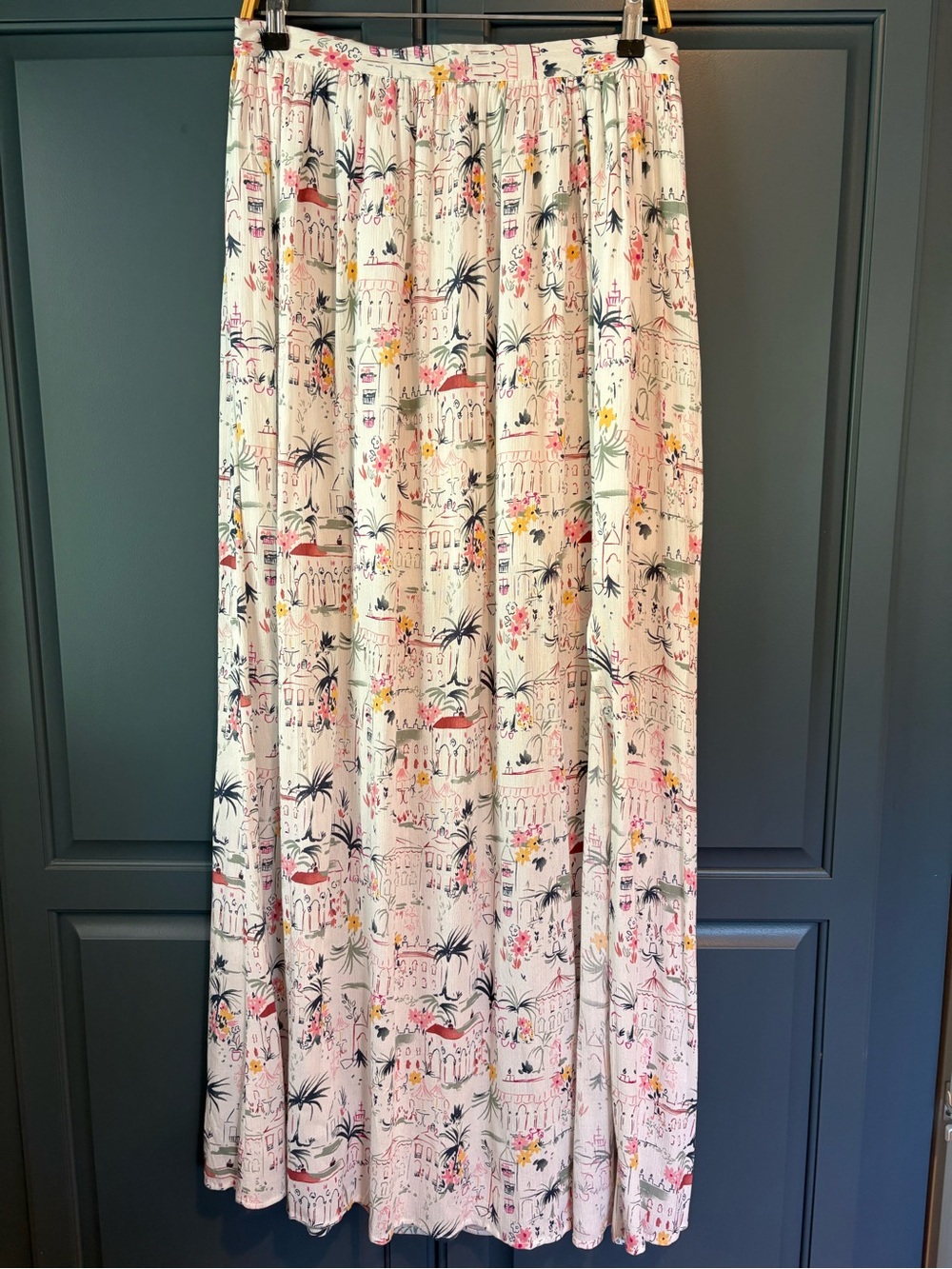 Blue Rain White Printed Maxi Skirt with Tropical & Architectural Motif